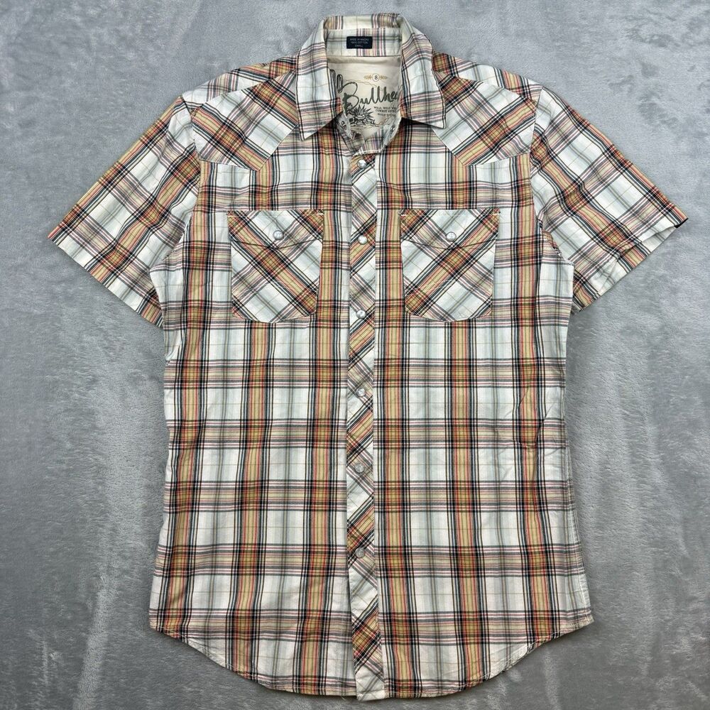Bullhead Wild Wild West Cowboy Plaid Pearl Snap Short Sleeve Shirt Small Western